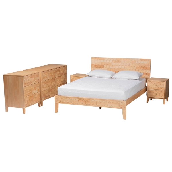 baxton studio Baxton Studio Hosea Japandi Carved Honeycomb Natural Queen Size 5-Piece Bedroom Set