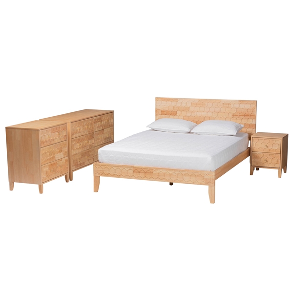 baxton studio Baxton Studio Hosea Japandi Carved Honeycomb Natural Queen Size 4-Piece Bedroom Set