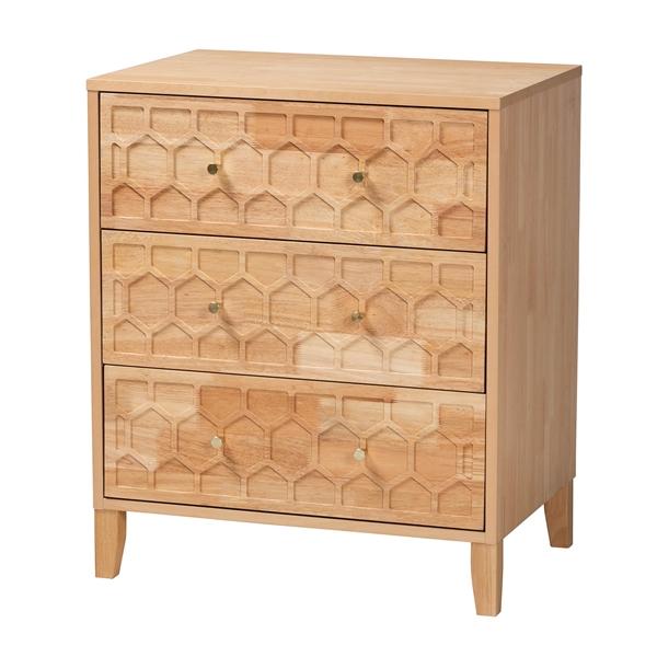 baxton studio Baxton Studio Hosea Japandi Carved Honeycomb Natural 3-Drawer Chest