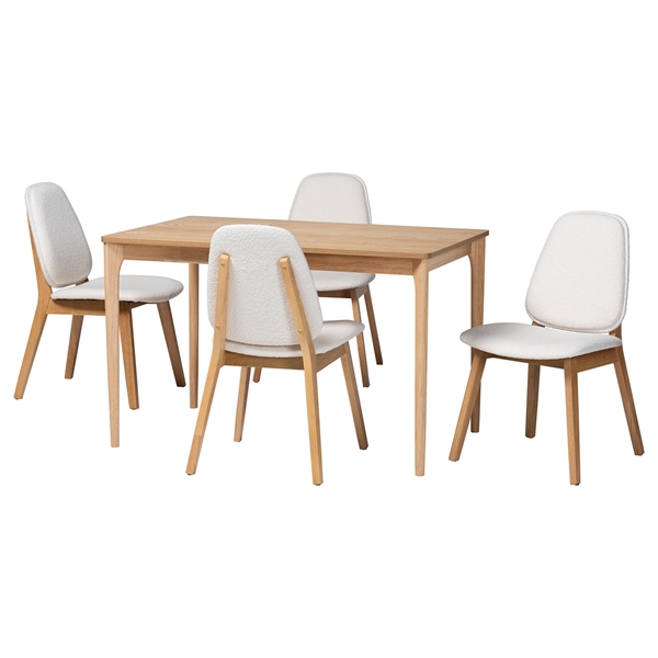 baxton studio Baxton Studio Hudson 5-Piece Dining Set - Solid Wood Rectangular Table with Boucle Upholstered Chairs Mid-Century Modern Dining Furniture for Kitchen or Dining Room Natural and White