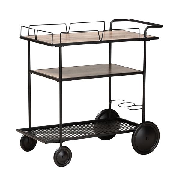 baxton studio Baxton Studio Huntley Modern Industrial Walnut Brown Finished Wood and Black Metal Mobile Wine Cart