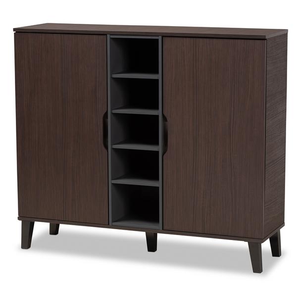 baxton studio Baxton Studio Idina Mid-Century Modern Two-Tone Dark Brown and Grey Finished Wood 2-Door Shoe Cabinet