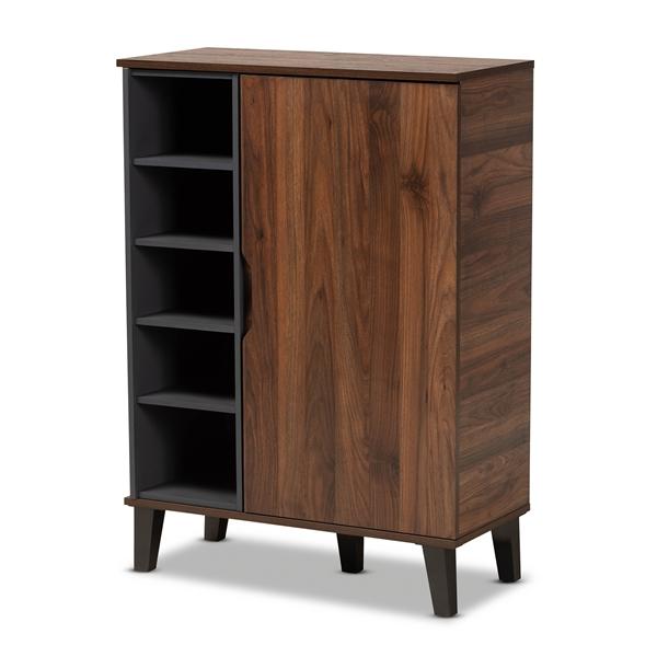baxton studio Baxton Studio Idina Mid-Century Modern Two-Tone Walnut Brown and Grey Finished Wood 1-Door Shoe Cabinet