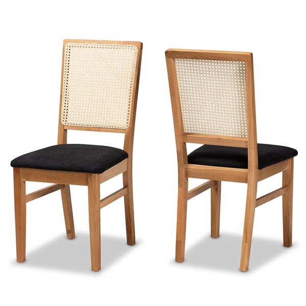 baxton studio Baxton Studio Idris Mid-Century Modern Black Fabric Upholstered and Oak brown Finished 2-Piece Rattan Dining Chair Set