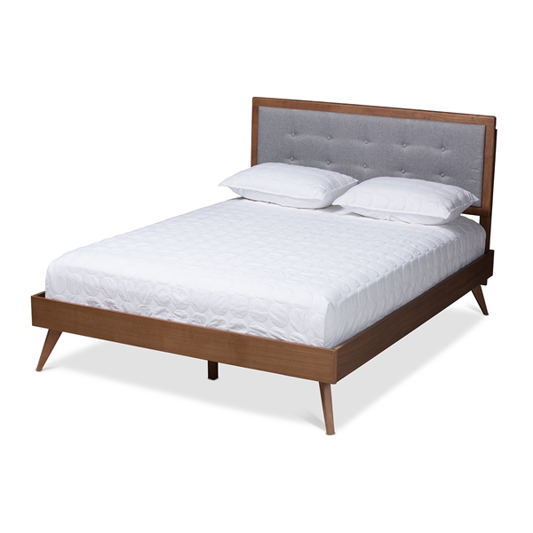 baxton studio Baxton Studio Ines Mid-Century Modern Light Grey Fabric Upholstered Walnut Brown Finished Wood Queen Size Platform Bed
