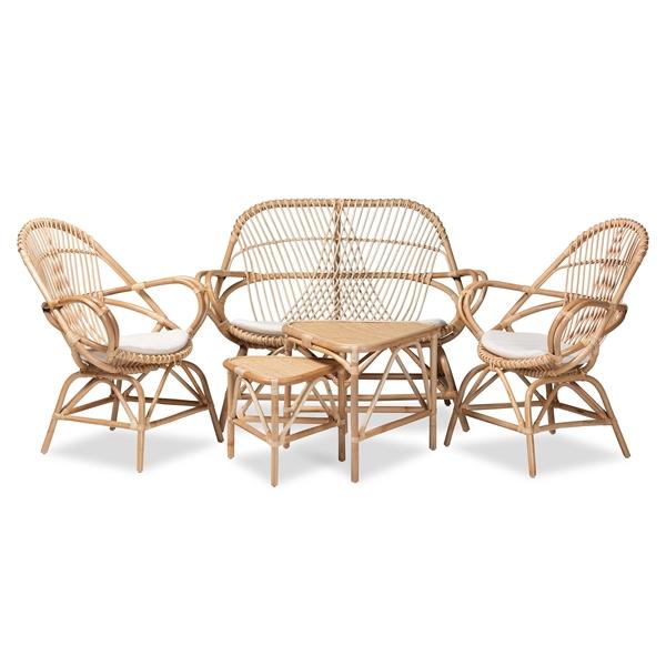 baxton studio Baxton Studio Jayden Modern Bohemian White Fabric Upholstered and Natural Brown Finished Rattan 5-Piece Living Room Set