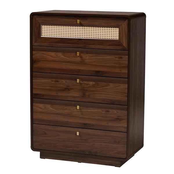 baxton studio Baxton Studio Jenibelle Classic Walnut Brown Wood 5-Drawer Chest with Rattan Drawer