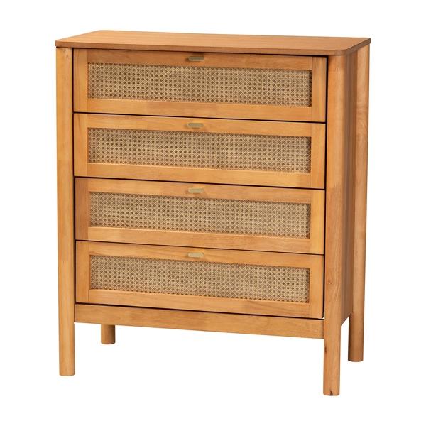 baxton studio Baxton Studio Jenn Golden Brown Wood Japandi 4-Drawer Chest with Distressed-Finished Rattan