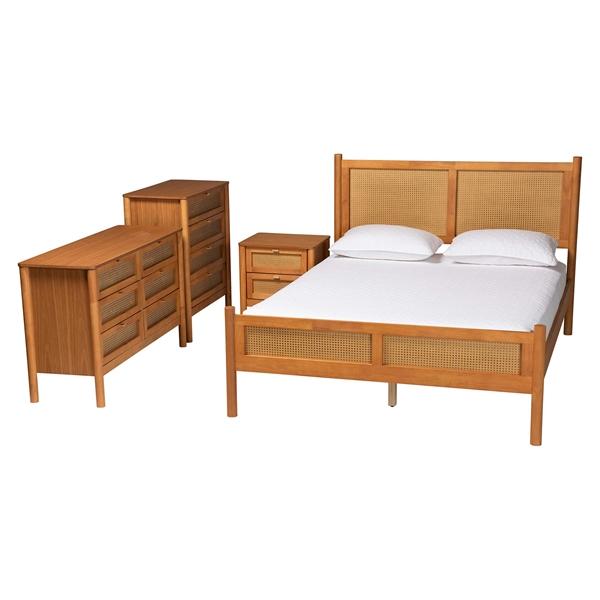 baxton studio Baxton Studio Jenn Golden Brown Wood Japandi 4-Piece Queen Size Bedroom Set with Distressed-Finished Rattan