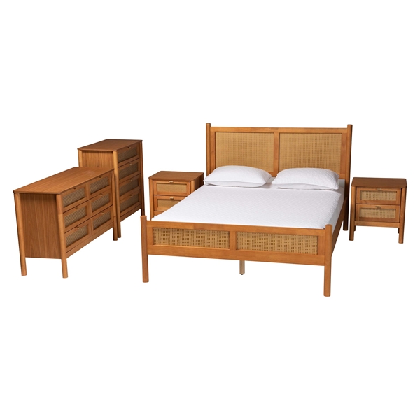baxton studio Baxton Studio Jenn Golden Brown Wood Japandi 5-Piece Queen Size Bedroom Set with Distressed-Finished Rattan