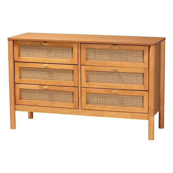 baxton studio Baxton Studio Jenn Golden Brown Wood Japandi 6-Drawer Dresser with Distressed-Finished Rattan