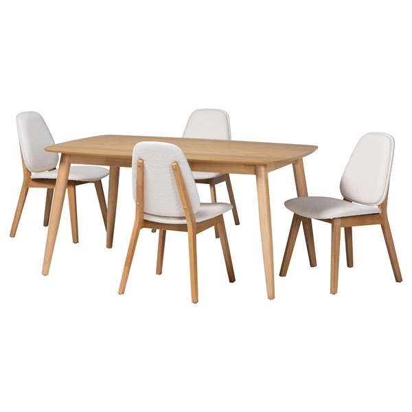 baxton studio Baxton Studio Jennica 5-Piece Dining Set - Solid Wood Rectangular Table with Boucle Upholstered Chairs Mid-Century Modern Dining Furniture for Kitchen or Dining Room Natural and White