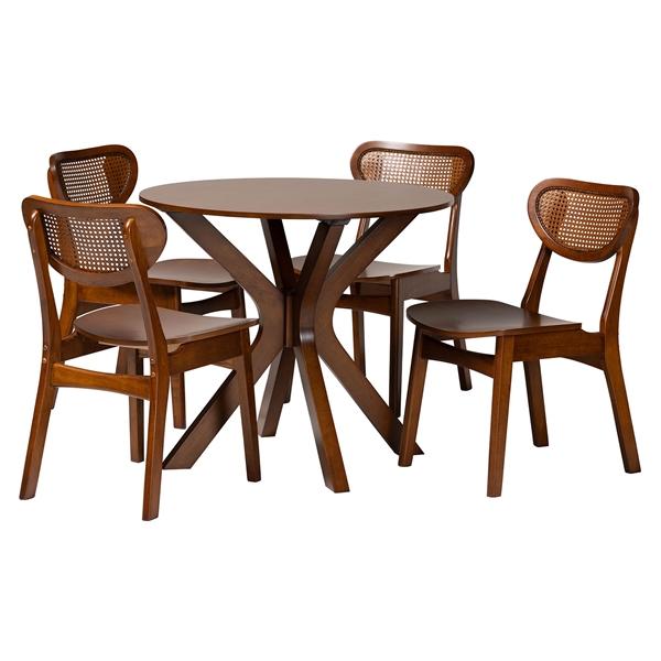 baxton studio Baxton Studio Jeriah Mid-Century Modern Walnut Brown Finished Wood and Woven Rattan 5-Piece Dining Set