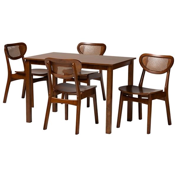 baxton studio Baxton Studio Jeriah Mid-Century Modern Walnut Brown Finished Wood and Woven Rattan 5-Piece Dining Set