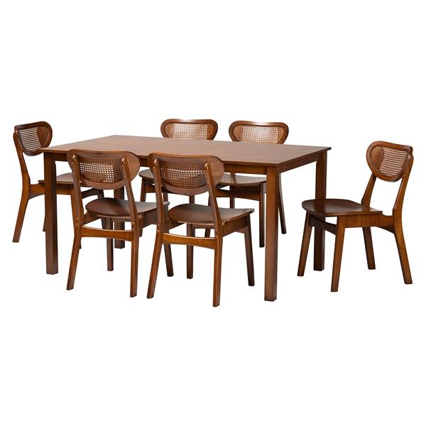baxton studio Baxton Studio Jeriah Mid-Century Modern Walnut Brown Finished Wood and Woven Rattan 7-Piece Dining Set