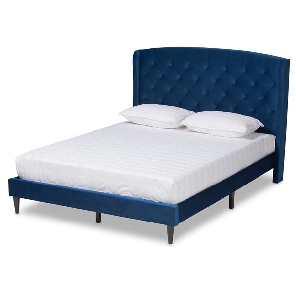 baxton studio Baxton Studio Joanna Modern and Contemporay Navy Blue Velvet Fabric Upholstered and Dark Brown Finished Wood Queen Size Platform Bed