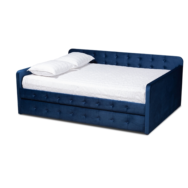 baxton studio Baxton Studio Jona Modern and Contemporary Transitional Navy Blue Velvet Fabric Upholstered and Button Tufted Queen Size Daybed with Trundle
