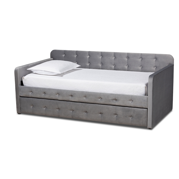 baxton studio Baxton Studio Jona Modern and Contemporary Transitional Grey Velvet Fabric Upholstered and Button Tufted Twin Size Daybed with Trundle
