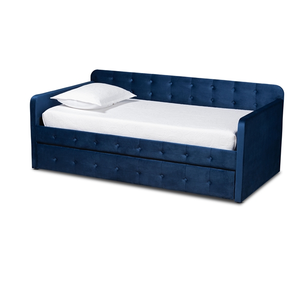 baxton studio Baxton Studio Jona Modern and Contemporary Transitional Navy Blue Velvet Fabric Upholstered and Button Tufted Twin Size Daybed with Trundle