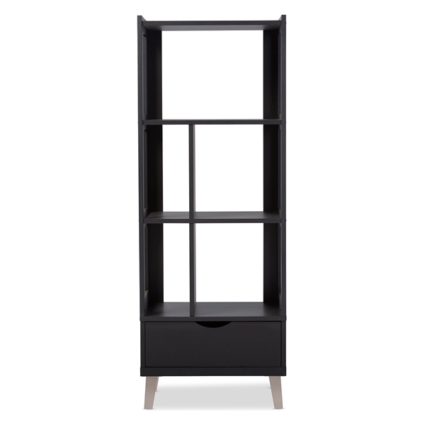 baxton studio Baxton Studio Kalien Modern and Contemporary Dark Brown Wood Leaning Bookcase with Display Shelves and One Drawer