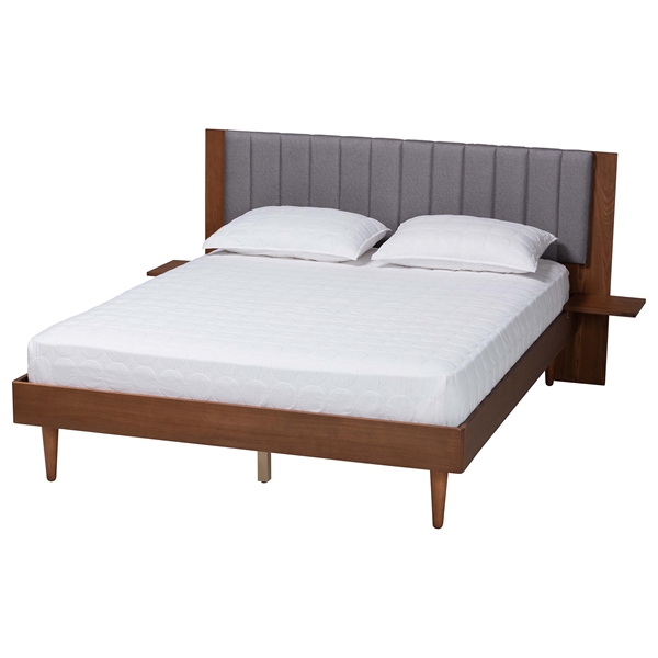 baxton studio Baxton Studio Kalista Transitional Modern Grey Fabric and Walnut Brown Wood Queen Size Bed with Built-In Side Tables