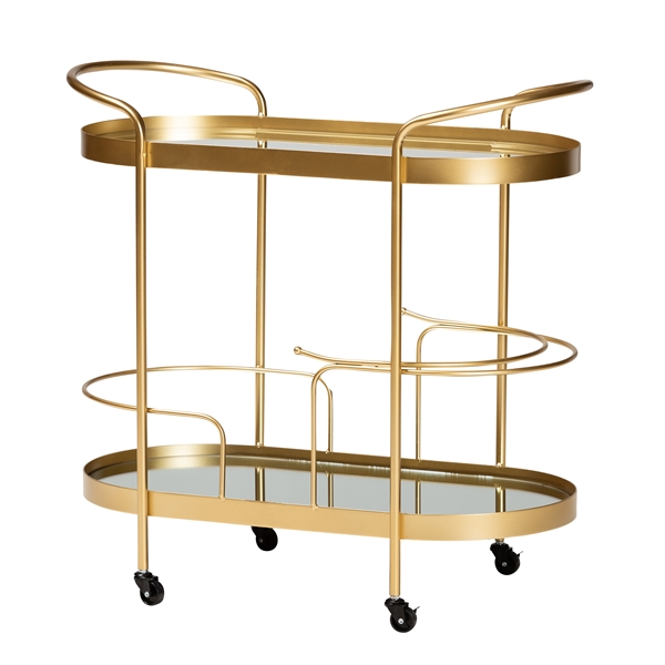 baxton studio Baxton Studio Kamal Modern and Contemporary Glam Brushed Gold Finished Metal and Mirrored Glass 2-Tier Mobile Wine Bar Cart