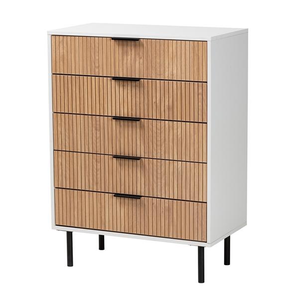 baxton studio Baxton Studio Karima Mid-Century Modern Two-Tone White and Natural Brown Finished Wood and Black Metal 5-Drawer Storage Cabinet