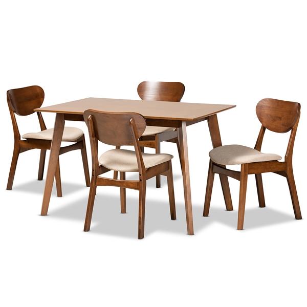 baxton studio Baxton Studio Katya Mid-Century Modern Sand Fabric Upholstered and Walnut Brown Finished Wood 5-Piece Dining Set
