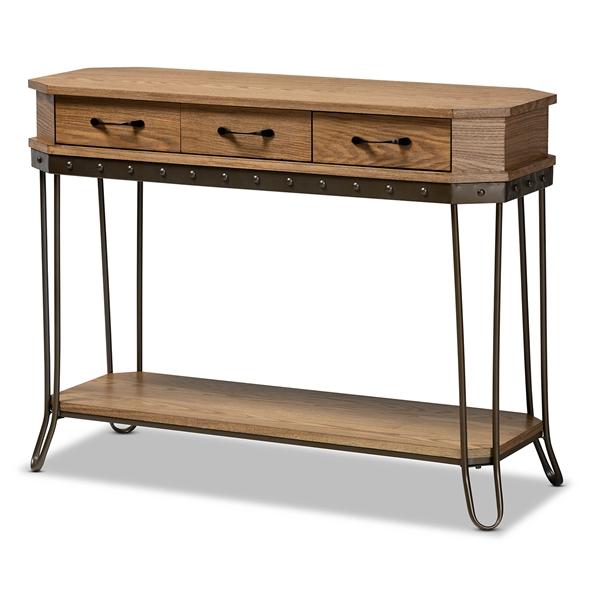 baxton studio Baxton Studio Kellyn Vintage Rustic Industrial Oak Brown Finished Wood and Black Finished Metal 3-Drawer Console Table