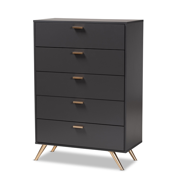 baxton studio Baxton Studio Kelson Modern and Contemporary Dark Grey and Gold Finished Wood 5-Drawer Chest