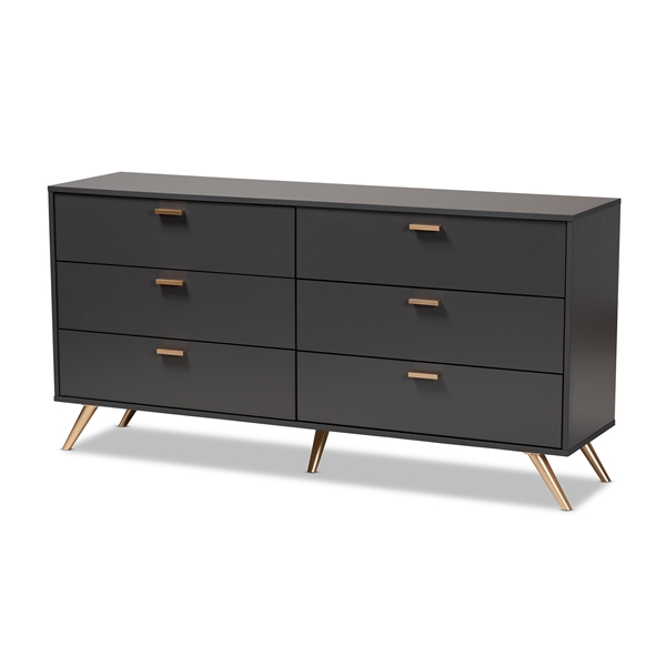 baxton studio Baxton Studio Kelson Modern and Contemporary Dark Grey and Gold Finished Wood 6-Drawer Dresser