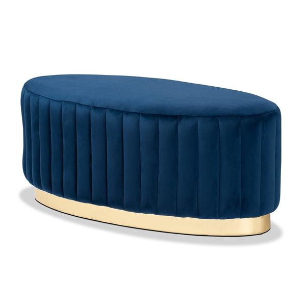 baxton studio Baxton Studio Kirana Glam and Luxe Navy Blue Velvet Fabric Upholstered and Gold PU Leather Ottoman