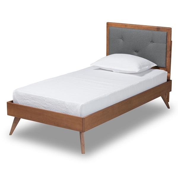 baxton studio Baxton Studio Laima Mid-Century Modern Dark Grey Fabric Upholstered and Walnut Brown Finished Wood Twin Size Platform Bed