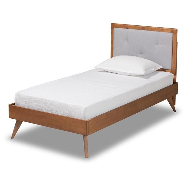 baxton studio Baxton Studio Laima Mid-Century Modern Light Grey Fabric Upholstered and Walnut Brown Finished Wood Twin Size Platform Bed