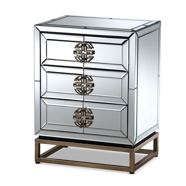 baxton studio Baxton Studio Laken Contemporary Glam and Luxe Mirrored and Antique Bronze Finished 3-Drawer End Table