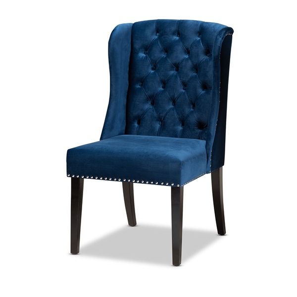 baxton studio Baxton Studio Lamont Modern Contemporary Transitional Navy Blue Velvet Fabric Upholstered and Dark Brown Finished Wood Wingback Dining Chair