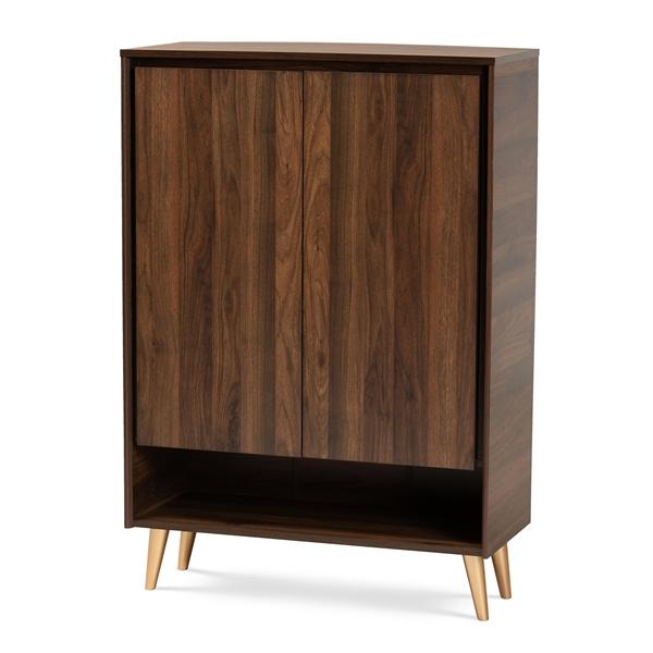 baxton studio Baxton Studio Landen Mid-Century Modern Walnut Brown and Gold Finished Wood 2-Door Entryway Shoe storage Cabinet