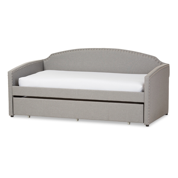 baxton studio Baxton Studio Lanny Modern and Contemporary Grey Fabric Nail Heads Trimmed Arched Back Sofa Twin Daybed with Roll-Out Trundle Guest Bed