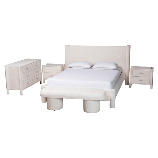baxton studio Baxton Studio Laria Modern White Teddy-Bear Fabric King Size 5-Piece Bedroom Set