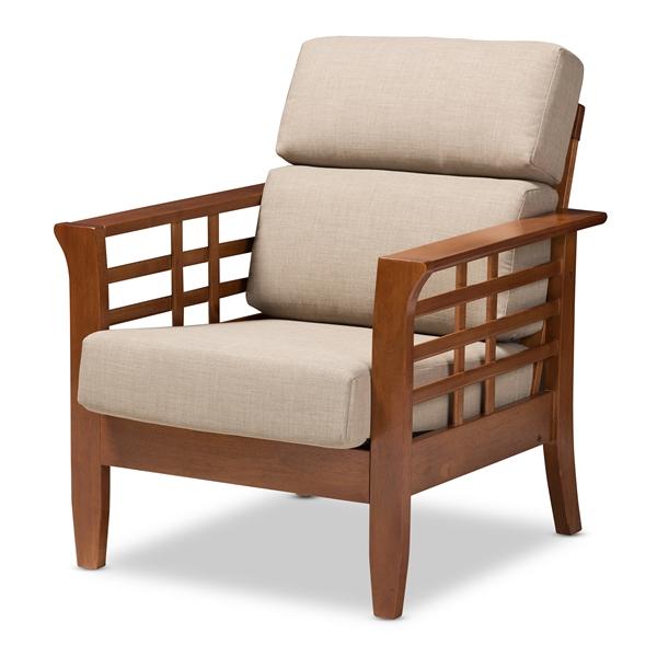 baxton studio Baxton Studio Larissa Modern Classic Mission Style Cherry Finished Brown Wood and Dark Beige Fabric High Back Cushioned Living Room 1-Seater Lounge Chair