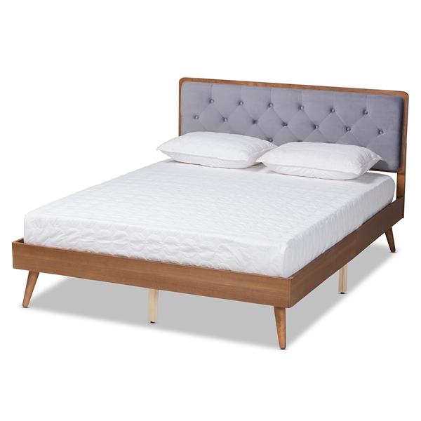 baxton studio Baxton Studio Larue Modern and Contemporary Grey Velvet Fabric Upholstered and Walnut Brown Finished Wood King Size Platform Bed