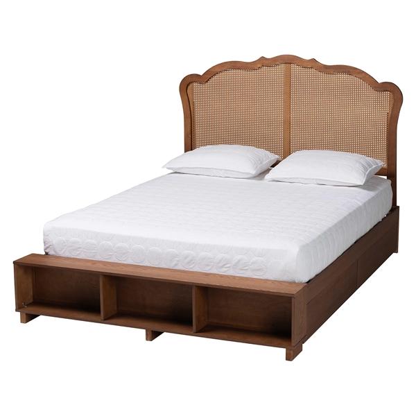 baxton studio Baxton Studio Latrell Mid-Century Walnut Brown Wood and Rattan King Size Storage Bed