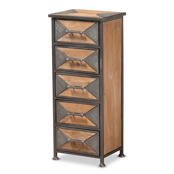 baxton studio Baxton Studio Laurel Rustic Industrial Antique Grey Finished Metal and Whitewashed Oak Brown Finished Wood 5-Drawer Accent Storage Cabinet