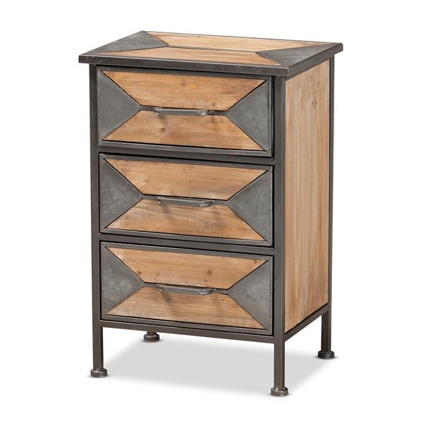 baxton studio Baxton Studio Laurel Rustic Industrial Antique Grey Finished Metal and Whitewashed Oak Brown Finished Wood 3-Drawer End Table