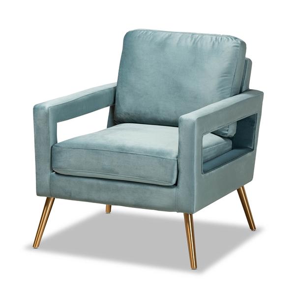 baxton studio Baxton Studio Leland Glam and Luxe Light Blue Velvet Fabric Upholstered and Gold Finished Armchair