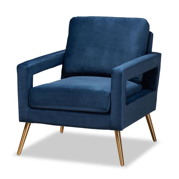 baxton studio Baxton Studio Leland Glam and Luxe Navy Blue Velvet Fabric Upholstered and Gold Finished Armchair
