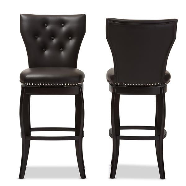 baxton studio Baxton Studio Leonice Modern and Contemporary Dark Brown Faux Leather Upholstered Button-tufted 29-Inch 2-Piece Swivel Bar Stool Set