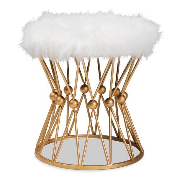 baxton studio Baxton Studio Leonie Glam and Luxe White Faux Fur Upholstered Gold Finished Metal Ottoman