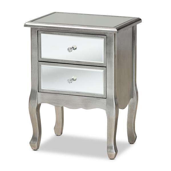 baxton studio Baxton Studio Leonie Modern Transitional French Brushed Silver Finished Wood and Mirrored Glass 2-Drawer End Table