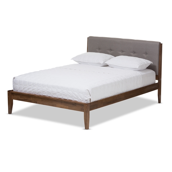 baxton studio Baxton Studio Leyton Mid-Century Light Grey Fabric and Medium Brown Finish Wood Queen Size Platform Bed